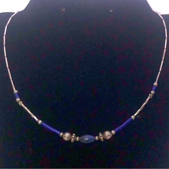 VTG Sterling Lapis Lazuli Heishi Tube Bead Liquid Silver Necklace 14” - Picture 4 of 8
